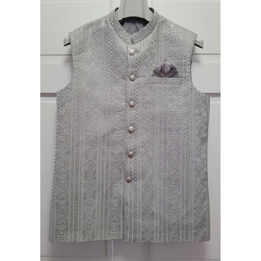 Ruby's Collection Men's Pakistani Formalwear Brocade Waistcoat - Silver - Large